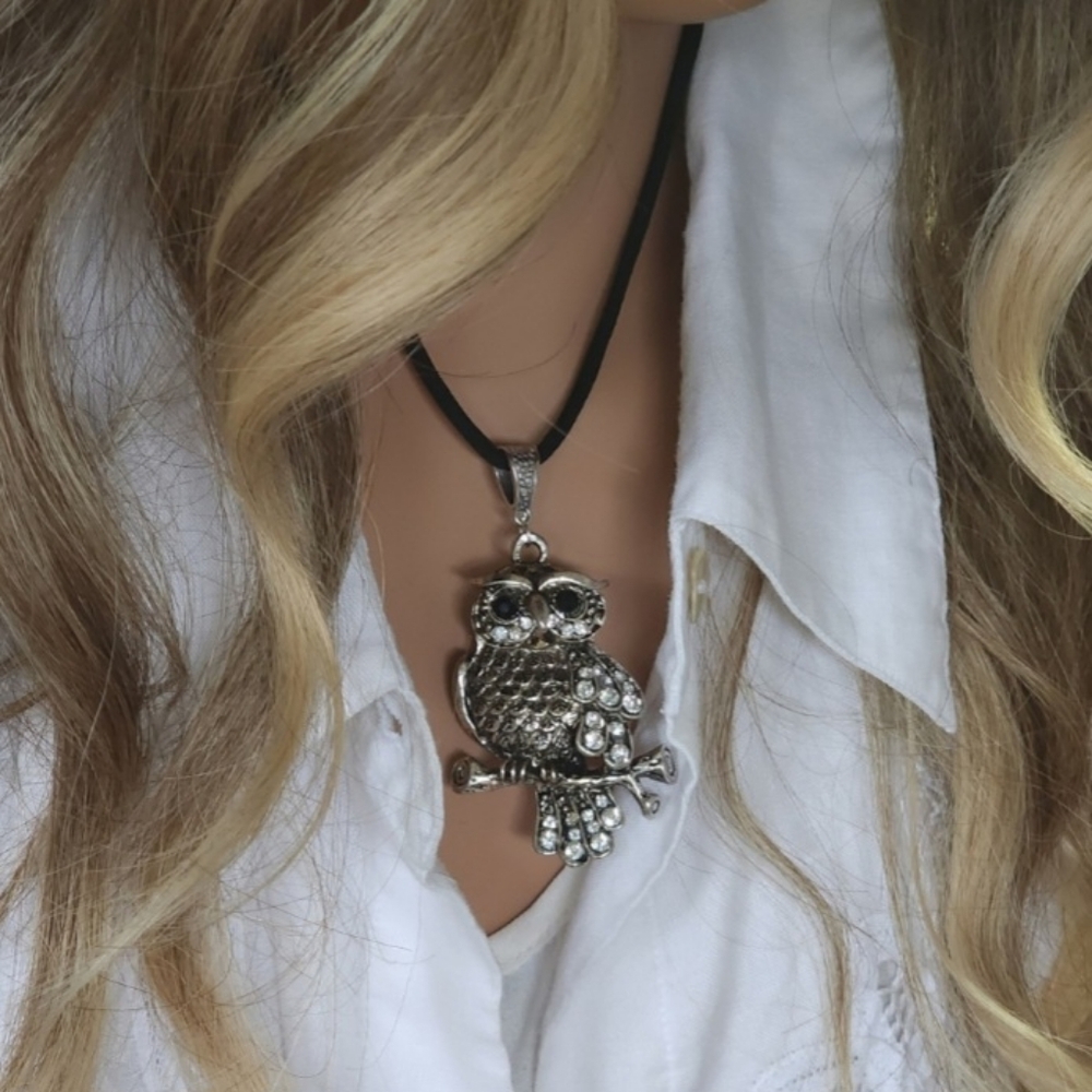 Owl Pendant Crystal Black Cord Animal Bird Unique Vintage Boho